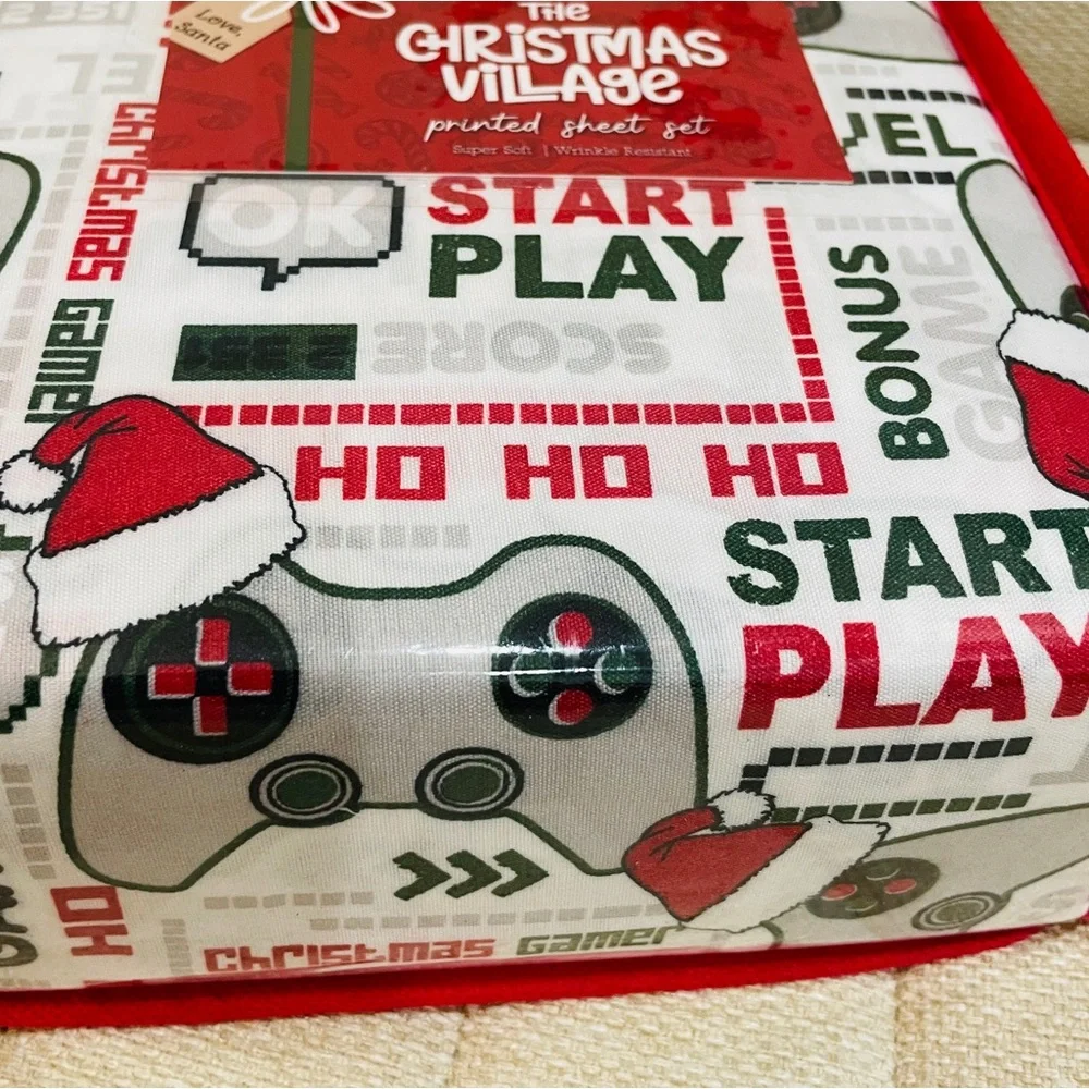 The Christmas Village Twin Sheet Set 3pc Christmas Gamer Video‎ Game Red White